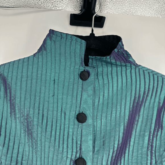Vintage 80s Women’s Pleats Reversible Jacket Iridescent Green Black Asian Style - Picture 3 of 10